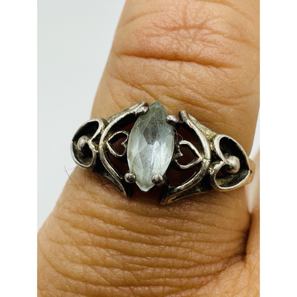 Sterling Silver 925 Blue Marquise Stone Filigree Ring Size 7 Vintage Style
